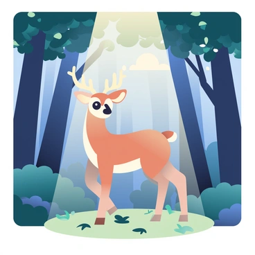 A spotlight is illuminating a deer with a light brown coat standing gracefully on a patch of soft grass in a dense forest. The deer has large, expressive eyes and delicate antlers, highlighting its features in the glow. Surrounding the deer are tall trees with dark green leaves, their silhouettes creating a natural frame. The forest floor is covered in fallen leaves and small bushes, while the twilight sky is visible through the branches above, casting a soft blue hue across the scene. The atmosphere is tranquil, with hints of shadows dancing gently within the foliage.