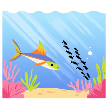 A sailfish with a long, slender body and a large, colorful dorsal fin is swimming rapidly. It is pursuing a school of small, shiny fish that are darting together in a tight formation. The background features a vibrant coral reef with various shapes and colors of corals, including pink and purple corals. Sunlight filters through the water, casting shimmering patterns on the sandy ocean floor. The scene is filled with bubbles rising to the surface, adding to the dynamic action of the chase.