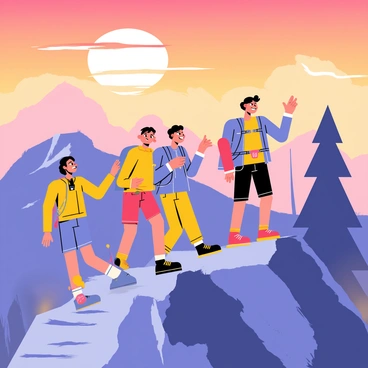 A group of four friends is hiking up a rugged mountainside. They are dressed in colorful hiking gear, with a bright blue backpack on one person and a red water bottle attached to another's waist. The setting sun casts a warm orange and pink glow over the landscape, illuminating the rocky path and surrounding trees. The friends have cheerful expressions as they encourage each other, with one person pointing ahead enthusiastically. In the background, the silhouette of distant mountains can be seen against the vibrant sky.