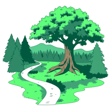 A winding forest path stretches through a lush green landscape, with vibrant foliage on either side. Majestic trees tower above, their leaves varying in shades of green. In the center of this scene, a massive, ancient oak tree stands proudly, its thick trunk covered in deep grooves and textures. The branches of the oak spread wide, creating a canopy overhead that filters the sunlight. The path curves gently around the base of the oak, inviting exploration and showcasing the natural beauty surrounding this timeless tree.