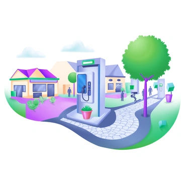 A modern pastel illustration of an electric vehicle (EV) charging station prominently located in the center of a village square. The charging station features sleek, contemporary design elements, with a blue charging unit and a digital display. Surrounding the station are charming cobblestone paths that lead to small shops and cafes, which are adorned with colorful flower pots. Nearby, there are a few trees with lush green leaves providing shade, and pedestrians can be seen walking by, some stopping to admire the charging station. In the background, quaint village buildings with pastel-colored facades complete the picturesque scene.