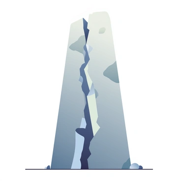 A tall stone monolith stands prominently against a plain background. The monolith is split perfectly down the middle by a deep fault line, revealing a contrasting interior texture. The stone's surface has a rugged, gray appearance with varying shades that highlight its natural patterns. The split creates a distinct division, showcasing two symmetrical halves that tower over the ground. Small pebbles and dirt are scattered at the base, emphasizing the monolith's size and grandeur. Soft light casts gentle shadows along the fault line, enhancing the visual depth of the scene.