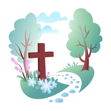 A wooden cross stands prominently along a serene woodland path, surrounded by tall trees with lush green leaves. Sunlight filters through the branches, casting soft shadows on the ground. Flowers in various shades bloom at the base of the cross, and a gentle breeze causes the leaves to rustle softly. The path is lined with small stones, leading deeper into the tranquil woods. A sense of peacefulness envelops the scene, highlighting the natural beauty surrounding the cross.