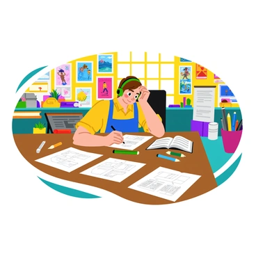 An artist sitting at a large wooden drawing table, focused on sketching storyboards for an animated short film. The artist has short brown hair and wears headphones, deeply immersed in the creative process. Spread across the table are various sheets of paper, each filled with colorful character designs and scene layouts. A few pencils and markers are scattered nearby, alongside a sketchbook brimming with notes and ideas. The background features a vibrant studio filled with art supplies, posters of animated films, and a large window letting in bright sunlight.
