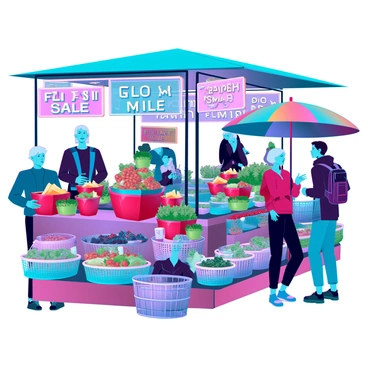A bustling market scene filled with a variety of colorful stalls and vibrant merchandise. "Flash Sale" signs in bold lettering are prominently displayed, catching the attention of passersby. Shoppers of diverse appearances, including an elderly woman with grey hair and a young man with a backpack, are eagerly browsing through the goods. Baskets overflowing with fresh produce, handmade crafts, and clothing are arranged neatly. The atmosphere is lively, with shoppers animatedly discussing their finds and vendors calling out their specials. Brightly colored umbrellas provide shade over the stalls, adding to the lively environment.