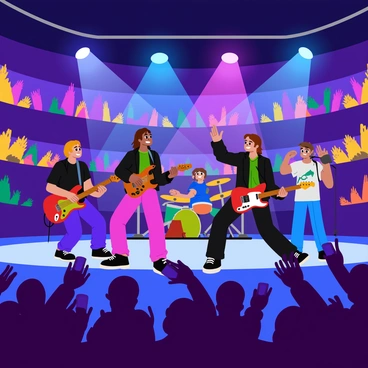 A rock band consisting of four members is energetically performing on a brightly lit stage. The lead singer, wearing a black leather jacket, is holding a microphone and engaging with the audience. The guitarist, with long hair, is playing a red electric guitar, while the drummer is energetically hitting the drums in the background. The bass player stands to the side, focused on the rhythm. Colorful stage lights illuminate the scene, casting vibrant hues across the band. The large music arena is filled with enthusiastic fans, many of whom are waving their arms and holding up their phones. Some fans are wearing band merchandise, and there are cheers and excitement filling the atmosphere.