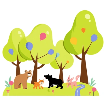 A 3D cartoon forest with vibrant green foliage and a bright blue sky. The trees are composed of colorful, floating balloons in various sizes, creating a whimsical effect. Below the trees, a group of playful animals, including a brown bear, a curious rabbit, and a cheerful fox, are frolicking together on the soft, grassy ground. The animals are depicted in exaggerated, playful poses, emphasizing their joyful interaction in this fantastical environment. Bright flowers and a small stream can be seen in the foreground, adding to the lively atmosphere of the forest.