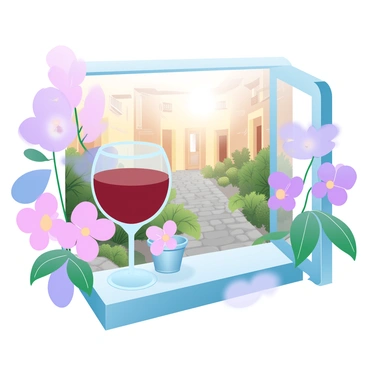 A wine glass filled with deep red wine is placed on a small table on a balcony. The balcony is adorned with vibrant flowers in various shades of pink and purple. Below, a sunlit courtyard is visible, featuring stone pathways and lush greenery. The warm sunlight casts gentle shadows across the scene, enhancing the colorful atmosphere. A few potted plants are positioned near the edge of the balcony, adding to the lively ambiance.
