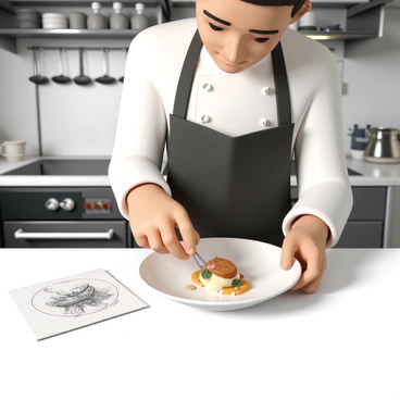 A chef, wearing a white chef's coat and a black apron, is carefully plating a gourmet dish on a pristine white plate. The dish includes vibrant vegetables, a drizzle of sauce, and a perfectly cooked piece of protein, artfully arranged for presentation. The chef's hands are steady as they add the final touches. Beside the chef on the counter is a detailed sketch of the dish, drawn in pencil, highlighting the ingredients and layout. The kitchen background is equipped with stainless steel appliances and cooking utensils, emphasizing the culinary environment.