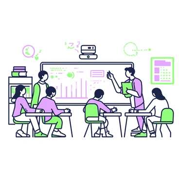 A classroom is filled with students learning accounting. At the front of the room, there is a large whiteboard covered in equations and diagrams. Several desks are arranged in rows, each occupied by students who are focused on their work. Students are writing in green and purple textbooks that are open in front of them. A projector is mounted on the ceiling, casting an image of a spreadsheet onto the whiteboard. In one corner of the room, a bookshelf holds additional accounting textbooks, while a bulletin board displays charts and important dates related to the course.