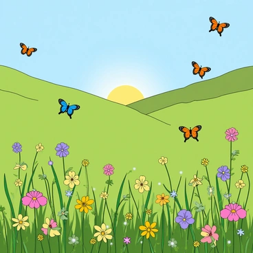 A vibrant green meadow with a variety of wildflowers in hues of yellow, purple, and pink scattered throughout. Dozens of butterflies are fluttering around, showcasing a range of colors, including orange, blue, and black. The butterflies delicately land on different flowers, interacting with them. In the background, a clear blue sky can be seen, enhancing the lively atmosphere of the scene. The sun shines brightly, illuminating the meadow and creating a cheerful ambiance.