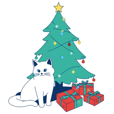 A white ragdoll cat is sitting calmly underneath a teal Christmas tree, surrounded by sparkling lights that twinkle gently. The tree is adorned with colorful ornaments and a shiny star on top. Scattered around the base of the tree are several neatly wrapped presents in vibrant red and green paper, each tied with a festive bow. The cat gazes curiously at the presents, its blue eyes reflecting the soft glow of the lights.