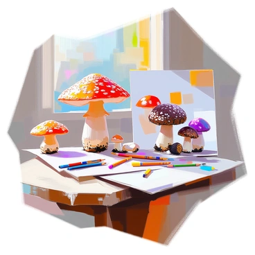 An artist's collection of vibrant mushroom sketches is displayed on a rustic wooden table. The sketches feature various types of mushrooms, including bright red and white spotted toadstools, delicate white chanterelles, and deep purple morels. Each sketch is rendered with intricate details, showcasing the unique shapes and textures of the mushrooms. The table's surface has visible grain and knots, adding character to the arrangement. Scattered among the sketches are colored pencils and brushes, hinting at the artist's creative process. A small, sunlight-drenched window in the background casts soft shadows across the table.