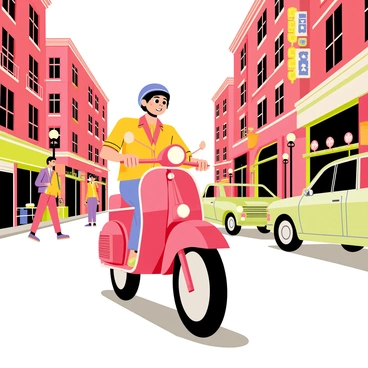 A person riding a classic gas moped through a city street in the 1960s