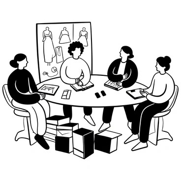 A group of fashion design students gathered around a large table, deeply engaged in their studies. Each student has a sketchbook in front of them, with various fashion illustrations of garments and designs. Piles of open fashion illustration books are stacked nearby, showcasing diverse styles and techniques. One student is making notes, while another is sketching a dress design. The atmosphere is focused and collaborative, with fabric swatches and colored pencils scattered across the table.