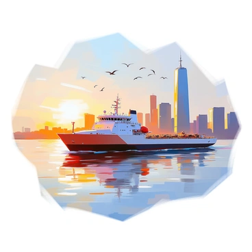 An oil barge gliding smoothly across the water with its hull reflecting the soft morning light. The city skyline is visible in the background, showcasing a mix of tall skyscrapers and modern buildings, their glass facades shimmering. The sky is painted in shades of light blue and orange as the sun begins to rise, casting a warm glow over the scene. Gentle ripples in the water create a sense of movement, while a few birds can be seen flying above the barge, silhouetted against the brightening sky.