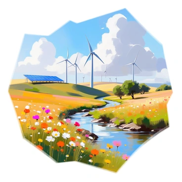 A sweeping landscape featuring rolling green hills under a bright blue sky with scattered fluffy clouds. In the foreground, there are vibrant wildflowers in various colors. In the middle distance, several wind turbines stand tall, their blades spinning gently, contrasting with the natural surroundings. A solar farm, with rows of gleaming solar panels, is visible on a hillside nearby. A clear stream winds through the scene, reflecting the sunlight, and a few trees provide shade along its banks, creating a peaceful coexistence between nature and renewable energy sources.