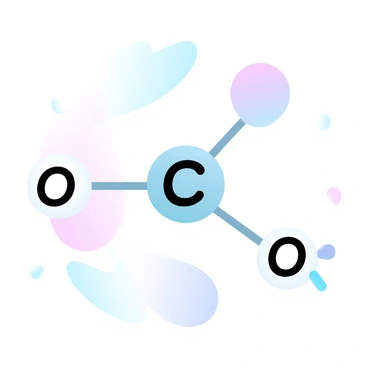 A close-up illustration of a carbon dioxide molecule. The molecule is composed of one carbon atom in the center with two oxygen atoms on either side. Each atom is distinctly labeled with the letters "C" for carbon and "O" for oxygen. The carbon atom is represented in a vibrant color, while the oxygen atoms are in a contrasting hue. Lines connecting the atoms illustrate the bonds between them, providing a clear view of the molecular structure. The background is filled with gradient pastel colors, adding a soft visual context to the scientific illustration.