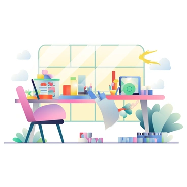 A bright, open workspace is filled with various art supplies scattered across a large table. There are cans of paint in vibrant colors, neatly arranged brushes of different sizes, and rolls of colorful paper stacked in a corner. Product samples, including small handmade crafts and design prototypes, are displayed prominently on the table. Sunlight is streaming in through large windows, casting warm light across the space. A comfortable chair with a soft cushion is positioned next to the table, inviting creativity. Strategically placed plants add a touch of greenery to the lively environment.