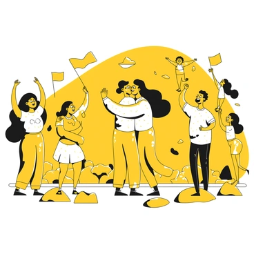 A group of people is gathered in a public square filled with rubble and pieces of a wall. Their expressions display a mixture of joy and sorrow. Two friends embrace tightly, tears streaming down their faces, while a family stands nearby, with a parent lifting a child high in the air. In the background, other people are cheering and waving flags. The scene captures the emotional intensity of the moment as they celebrate their long-awaited reunion.