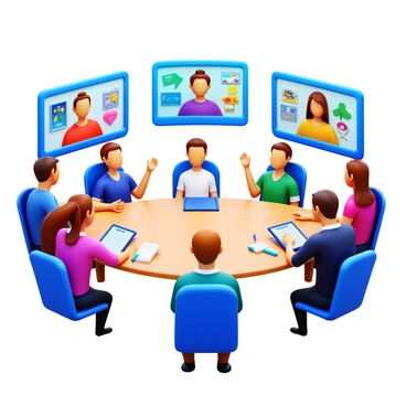 A virtual event setting featuring several students engaged in presenting their illustration projects. Each student is shown in their own video window, surrounded by colorful illustrations displayed on their screens. Peers and mentors are attentively listening, with some taking notes. The atmosphere is interactive, with students utilizing digital tools like a stylus and tablet to showcase their artwork. Bright, engaging visuals highlight the creativity of the projects being presented.