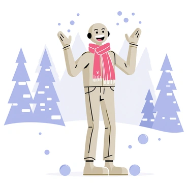 The Tin Man is depicted standing in a snowy landscape, adorned with a bright red and white cozy scarf wrapped around his neck. He has a cheerful expression on his metallic face, with his arms raised as he joyfully catches snowflakes falling from the pale blue sky. Snow-covered trees are in the background, and a light dusting of snow blankets the ground. Snowballs are scattered around him, hinting at playful activity.