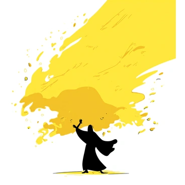 A yellow swirling sandstorm fills the scene, creating a chaotic backdrop of flying grains. In the foreground, a dark silhouette of a figure stands defiantly against the storm. The figure is dressed in flowing garments that are billowing wildly in the wind, with arms slightly raised as if bracing against the onslaught of sand. Small particles of sand swirl around the figure, creating a dynamic effect as they contrast with the yellow storm. The sky above is a deeper shade of yellow, enhancing the intensity of the scene.