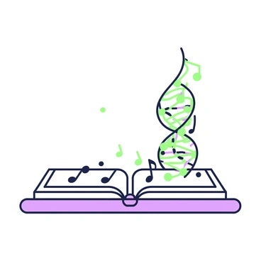 A sheet of music is laid out on a flat surface, with various musical notes printed on it. In the center, music notes begin to morph and twist into DNA strands, elegantly spiraling upward. The DNA strands are made up of delicate, intertwined lines resembling musical symbols. The transformation is gradual, starting from the left side of the sheet where the notes are fully formed, transitioning to the right side where they fully resemble DNA. The background is plain, highlighting the intricate details of both the music notes and the DNA strands.