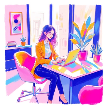 A woman is seated at a sleek, modern desk in a chic office. She is wearing a trendy business outfit that includes a fitted blazer and tailored trousers. Her long hair is styled neatly, framing her face. The laptop in front of her is open, and she is focused on the screen, typing intently. The office is decorated with contemporary art on the walls, a potted plant in the corner, and large windows that let in natural light. A stylish chair is positioned adjacent to her desk.