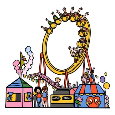 A vibrant amusement park scene featuring a thrill-seeking roller coaster with cars designed to resemble large, colorful burritos. The roller coaster is twisting and turning high above the ground, with excited riders throwing their hands in the air as they scream with joy. The tracks are bright yellow and red, contrasting against a clear blue sky. Surrounding the roller coaster, there are various carnival stalls with colorful banners, cotton candy stands, and families enjoying their day at the park.