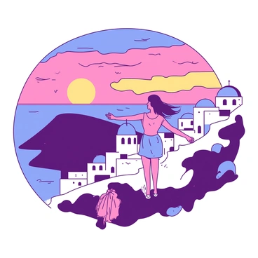 A traveler stands atop a hill overlooking the white buildings of Santorini, Greece, as the sun sets on the horizon. The sky is filled with vibrant hues of color, casting a warm glow over the scene. The traveler, wearing a light summer outfit, has their arms outstretched as they take in the breathtaking view. In the distance, the iconic blue domes of the buildings are silhouetted against the colorful sky. A gentle breeze rustles the traveler's hair, enhancing the sense of tranquility in the moment.