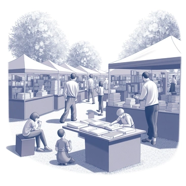 A bustling outdoor book fair filled with a variety of stalls displaying antique and rare books. Rows of wooden tables are lined with stacked books of various sizes and bindings. Some individuals are closely examining the covers while others are flipping through pages with keen interest. A few children are seated on the grass, engrossed in their newfound treasures. Nearby, a vendor is discussing a book's history with a couple of intrigued customers. The atmosphere is lively, with people in casual attire enjoying the warm weather. Sunlight filters through the trees, casting dappled shadows over the scene.