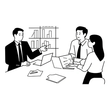 A professional financial advisor, wearing a tailored suit with a tie, is seated at a modern conference table in an office. He is pointing to a laptop opened in front of him, which displays graphs and charts. Across from him, a couple is attentively listening; the man has short hair and is dressed in a smart-casual outfit, while the woman has long hair and is wearing a blouse and skirt. Papers and a pen are on the table, along with a notepad where the couple is taking notes. The room is well-organized, with bookshelves filled with financial literature in the background.