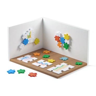 A 3D room with white walls and a wooden floor. The room is filled with colorful puzzle pieces scattered throughout. Each puzzle piece is uniquely designed to represent different aspects of marketing analytics, featuring icons such as graphs, charts, and data points in vibrant colors. Some puzzle pieces are interlocked, while others are separate, illustrating the complexity and interconnected nature of marketing data. Soft lighting highlights the pieces, casting subtle shadows on the floor, enhancing the three-dimensional effect of the scene.