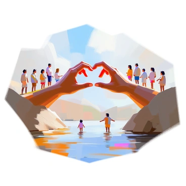 A bridge constructed entirely of human hands, each hand reaching out and intertwined with others to form a continuous, supportive structure. The hands vary in size, skin tone, and gesture, symbolizing diversity and unity. On one side of the divide, a group of people stands, looking toward the bridge with expressions of hope and anticipation. On the other side, another group of people is reaching towards the hands, eager to connect. The background features a landscape that highlights the separation between the two groups, enhancing the significance of the bridge made of hands.