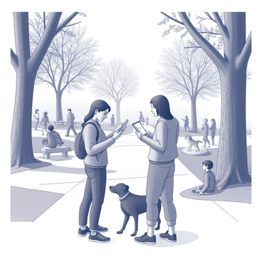 A group of three friends is engaged in an augmented reality game in a bustling urban park. The friends are standing together, with one person pointing at a virtual object in the air while the others are looking at their smartphones with focused expressions. In the background, there are numerous people walking dogs, individuals sitting on benches, and children playing. Trees with textured bark and lush foliage frame the park, while a pathway runs through the scene, leading to various park amenities. The atmosphere conveys a sense of energy and activity, with the park filled with diverse visitors.