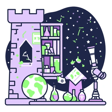 A tall, narrow wizard's tower made of gray stone stands against a night sky filled with twinkling stars. The interior of the tower is cluttered with shelves full of spell books, their spines adorned with intricate designs. Several glass vials and bottles containing colorful potions are neatly arranged on a wooden table, reflecting the dim light from a flickering candle. In the corner, a large telescope is positioned by a window, aimed at the stars, with charts of constellations spread out nearby. A small globe sits beneath the telescope, hinting at the wizard's knowledge of distant lands.