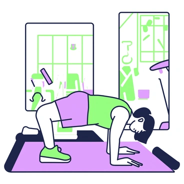 A person is doing push-ups on a gym mat in front of a full-length mirror. The individual has an athletic build and is wearing a fitted tank top and shorts. The mirror reflects their focused expression as they perform the exercise. In the background, various gym equipment is visible, including dumbbells and a treadmill. Natural light filters in through a nearby window, illuminating the gym space. The floor is a dark material that contrasts with the brightly colored gym mat.