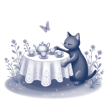 A black cat is sitting at a small, round table set for a tea party. The table is covered with a white lace tablecloth and adorned with an assortment of teacups and a teapot, all arranged neatly. The garden surrounding the table features various flowers and plants, creating a lush, vibrant atmosphere. The cat is playfully pawing at a teacup, while a butterfly flutters nearby, adding to the enchanting scene.