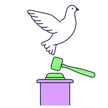 A dove is depicted soaring in the air above a gavel placed on a podium. The gavel is detailed with a smooth handle and a rounded striking surface, resting on a surface that suggests a courtroom context. The dove has outstretched wings, gracefully positioned as it flies, and its body is oriented towards the gavel below. The gavel is centered in the image, emphasizing its significance, while the dove's flight represents the themes of freedom and rights in the composition.