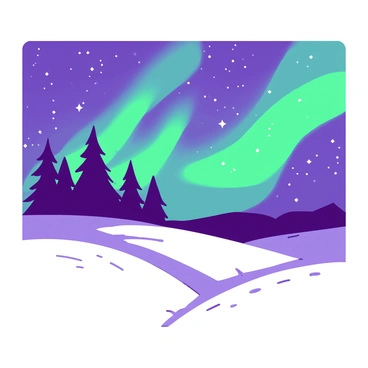 A duotone illustration featuring "the northern lights" in hues of green and purple illuminating the night sky. Below, a snowy landscape stretches across the foreground, covered with a thick blanket of white snow. In the distance, a cluster of dark pine trees stands against the vibrant colors in the sky. The ground sparkles with fresh snowflakes, reflecting the green and purple lights above, creating a magical atmosphere.