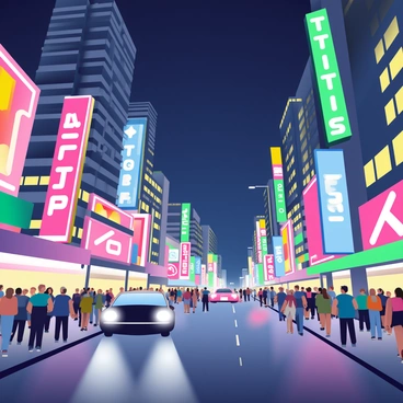 A bustling city scene at night is filled with tall buildings. Various neon signs in vibrant colors, such as pink, blue, and green, are prominently displayed on the facades. Bright car lights create streaks of light as vehicles move through the streets. Crowds of people are walking along the sidewalks, some gathered in small groups, chatting and enjoying the lively atmosphere. Reflections of the neon lights shimmer on the wet pavement, adding to the vibrant ambiance of the urban environment. The sky above is dark, contrasting with the lively illumination below.