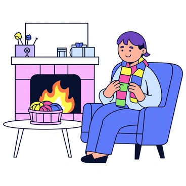 A person sitting comfortably in a soft armchair, knitting a colorful scarf. The scarf features bright stripes of red, blue, green, and yellow. In front of them, a roaring fireplace casts a warm glow, with flames dancing and flickering. There is a small table beside the chair holding a basket filled with various skeins of yarn in multiple colors. A pair of knitting needles is in the person's hands, and a gentle smile is on their face as they focus on their project. The walls around the fireplace are adorned with simple decor items, enhancing the cozy atmosphere.