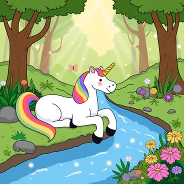 A majestic unicorn with a shimmering white coat and a long, flowing rainbow mane is resting comfortably beside a sparkling blue stream. The unicorn has a spiraling golden horn that glimmers in the sunlight. Surrounding the stream are lush green ferns and vibrant wildflowers in shades of pink, purple, and yellow. The magical forest is filled with tall, whimsical trees that have twisting trunks and colorful leaves. Brightly colored butterflies flutter around, and small, glowing orbs of light hover gently in the air. Sunlight filters through the tree branches, creating a dappled effect on the soft, mossy ground.