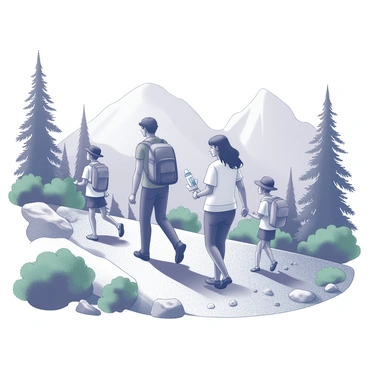A family of four hiking along a rocky mountain trail. The father leads the group, wearing a backpack and looking ahead. The mother follows closely, carrying a water bottle in one hand. Two children, a boy and a girl, are beside them, both wearing hats and looking at the surrounding trees and plants with curiosity. The trail is lined with green bushes and rocks, and the distant mountains rise steeply in the background. The scene conveys a sense of togetherness and exploration.
