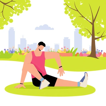 An athlete performing a seated hamstring stretch on a patch of lush green grass. The athlete is wearing a bright red tank top and black shorts. Sunlight filters through the leaves of nearby trees, casting dappled shadows on the ground. The athlete has one leg extended straight in front, while the other leg is bent with the foot flat on the grass. In the background, there are colorful flowerbeds and a clear blue sky. A few birds can be seen perched on branches, adding to the lively atmosphere of the park.