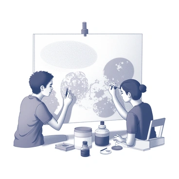 Two illustrators are working side by side on a large, blank canvas. The first illustrator is applying intricate line work with a fine-tipped pen, creating detailed designs and patterns. The second illustrator is using a brush to fill certain sections of the canvas with bold strokes, adding depth to the artwork. Both artists are engaged in conversation, exchanging ideas and techniques as they collaborate on the project. The canvas displays a blend of their respective styles, showcasing a harmonious mix of detailed illustrations and expressive brushwork. Various art supplies, such as ink bottles and brushes, are scattered around their workspace.