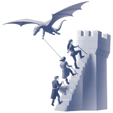 A group of three heroes is climbing down the side of a stone castle tower. One hero is midway down, using a rope; their determined expression is visible. The second hero is just below, looking back over their shoulder with urgency. The third hero is at the bottom, ready to assist. Above them, a large dragon is depicted in mid-flight. Its wings are wide open, and its fierce gaze is fixed on the heroes. The backdrop features the castle’s sturdy stone walls and a cloudy sky.