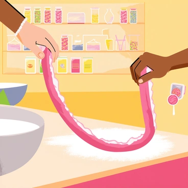Two hands, one with light skin and the other with darker skin, pulling and twisting a long, vibrant piece of freshly made taffy. The taffy is a mix of bright pink and white swirls, glistening under the warm lighting of the candy shop. Surrounding the hands are various candy-making tools, such as a large metal mixer and a wooden work surface sprinkled with powdered sugar. Colorful jars filled with different types of candies line the shelves in the background, creating a lively atmosphere in the candy shop.