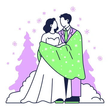 A bride and groom are standing together, wrapped in a cozy blanket. The bride is wearing a stunning wedding dress that flows elegantly around her, while the groom is dressed in a classic suit with a tie. Soft snowflakes are falling gently around them, creating a picturesque winter scene. The couple is smiling at each other, their cheeks slightly flushed from the cold. In the background, there are blurred silhouettes of snow-covered trees, enhancing the intimate moment. The blanket they are wrapped in has a textured pattern, adding warmth to the scene.